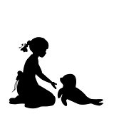 Silhouette girl sitting knees beckon seal pups .Protection seal