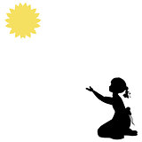 Silhouette girl pulls hands to sun . World summer sun day.