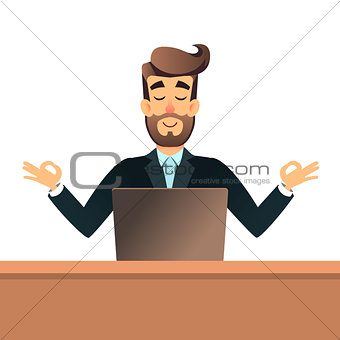 Businessman meditating in lotus pose for table in office with laptop. Business man get calm at workplace. Relax concept. Man rest in yoga asana. Peaceful after a hard work. Male ignoring work, no stress.