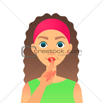 Cartoon beautiful woman saying hush be quiet with finger on lips gesture. Flat vector secret girl. Female silent gesture with finger. Shhh symbol.