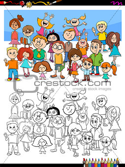happy children characters group coloring book