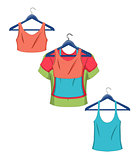 Clothes on hangers. Women clothes in flat style vector illustration.