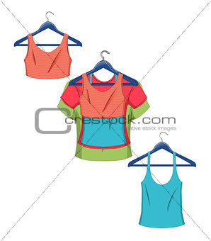 Clothes on hangers. Women clothes in flat style vector illustration.