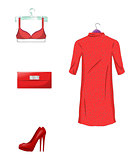 Elegant set of female clothes and accessories in red color. Isolated on white background. Vector illustration.