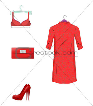 Elegant set of female clothes and accessories in red color. Isolated on white background. Vector illustration.