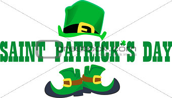 St. Patrick s Day inscription between a hat and boots of a leprechaun