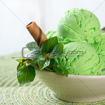 Green ice cream closeup