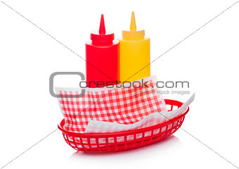 Hot dog fast food basket with ketchup and mustard