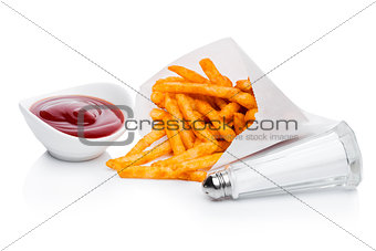 Southern french fries with salt and ketchup
