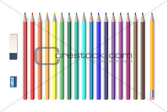 Set of colored realistic pencils with sharpener and eraser isolated on white. School tools, Colored pencils vector illustration