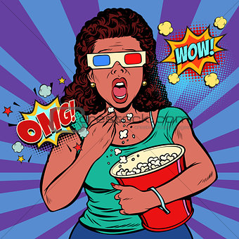 Woman in 3d glasses watching a scary movie and eating popcorn