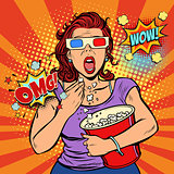Woman in 3d glasses watching a scary movie and eating popcorn