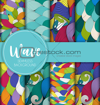 Abstract Wave Seamless Pattern Collection Set Background. Vector Illustration