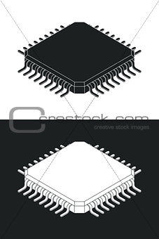 Microchip processor logotype template. Monochrome isometric vector illustration