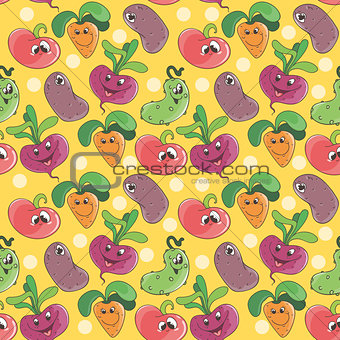 Seamless pattern background with cartoon funny smiling vegetables for kids textile or printing