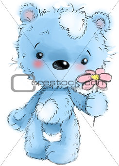 Cute teddy bear character standing with flower , playing, cartoon illustration isolated on white background.