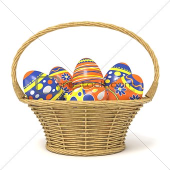 Easter basket full of decorated eggs. 3D