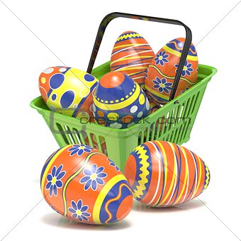 Easter eggs in green shopping basket. 3D