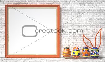 Easter eggs painted and blank picture frame. Easter concept. 3D