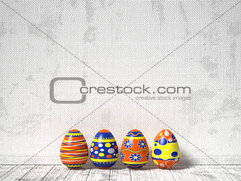 Easter eggs painted on white wooden background. Easter concept. 