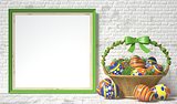 Easter basket with decorated eggs on white wooden background. Ea