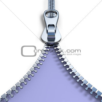 Metal zipper on purple background front view 3D