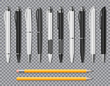 Set of Realistic office Elegant pens and pencil isolated on transparent background. Office Blank white and black Ball Pens. Vector illustration
