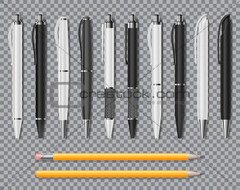 Set of Realistic office Elegant pens and pencil isolated on transparent background. Office Blank white and black Ball Pens. Vector illustration