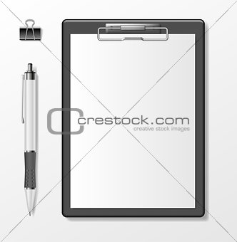 Black clipboard with blank white paper sheet and pen isolated on white. Business stationery template. Realistic clipboard document notepad mockup. Vector illustration