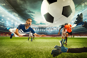 Football scene with competing football players at the stadium. 3D Rendering