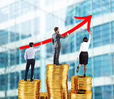 Business team draws growing arrow of company statistics over the piles of money