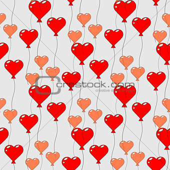 Seamless pattern with flying balloons in the shape of a heart. Design for Happy Birthday, party, baby shower, wedding day. Handdraw illustration on white background.