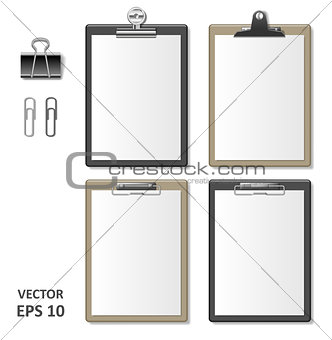 Set of Realistic clipboards with blank white paper sheet. Notepad information board Template for corporate identity. Black and brown wooden Clipboard. vector illustration