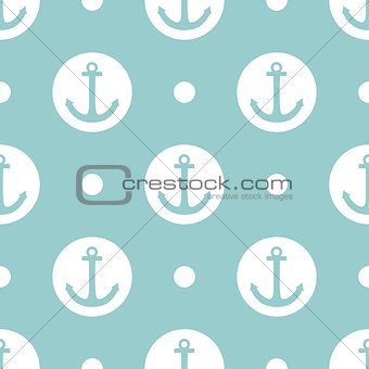 Tile sailor vector pattern with white anchor and polka dots on pastel background