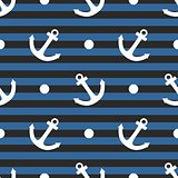 Tile sailor vector pattern with white anchor and polka dots on navy blue stripes background