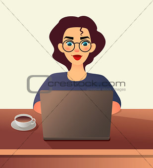 Girl freelancer. Young woman in glasses works at home sitting in front of a laptop. Cartoon flat girl working online or studying and learning while using notebook. Freelance work concept.