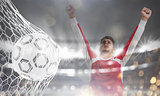 Background of a soccer ball scores a goal on the net. 3D Rendering