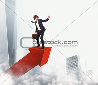 Businessman rides a statistic arrow to the sky. 3D Rendering