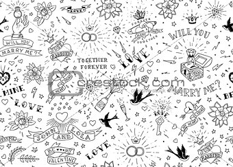 Old school tattoos seamles pattern with birds, flowers, roses and hearts. Love and wedding theme. Black and white traditional tattoo design. Vector illustration.