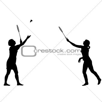 Black silhouette of female badminton player on white background
