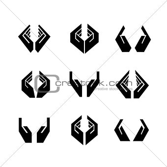Nine black vector hands in different shapes