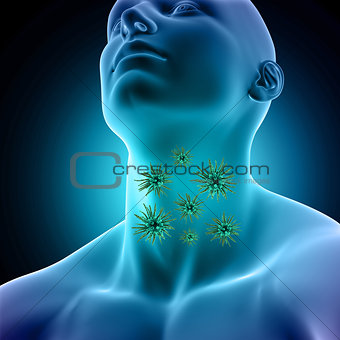 3D male medical figure with sore throat and virus cells