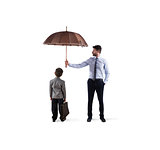 Businessman with umbrella that protect a child. Concept of young economy and startup protection