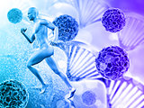 3D medical background with male figure running on virus cells