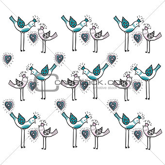 Two love birds with heart are part of a beautiful ornament that creates design pattern. Love concept. Vector EPS 10 illustration.