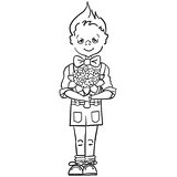 monochrome picture of a little boy who wants to give a bouquet of flowers to his teacher at school, to mam, to girl