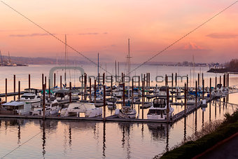 Marina along Columbia River at Sunset