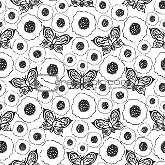 Butterflies and poppies seamless vector pattern.
