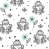 Funny frogs grey and blue seamless vector pattern.