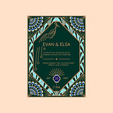 Wedding invitation vector template with peacock icon.